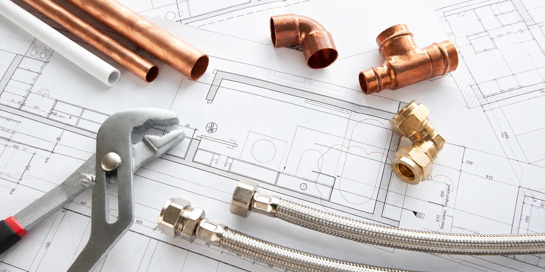 Copper pipe fittings on plumbing installation plans