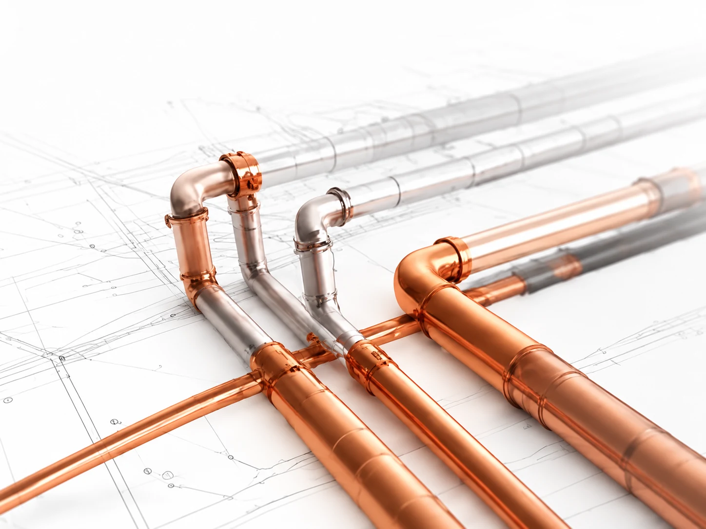 Copper pipework arranged over mechanical plans